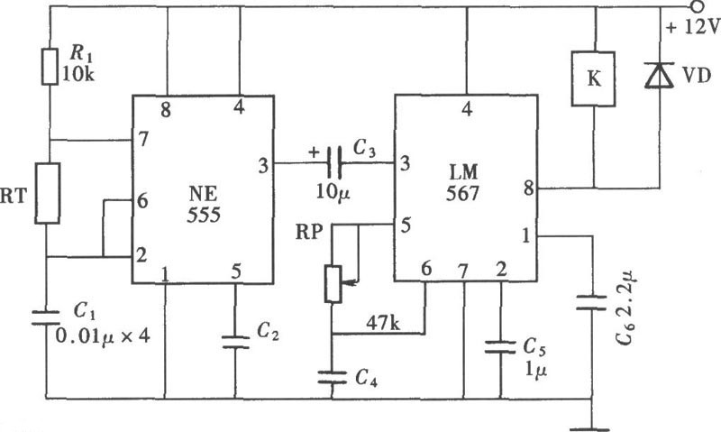 LM567、NE555组成的温频转换式温控器电路图