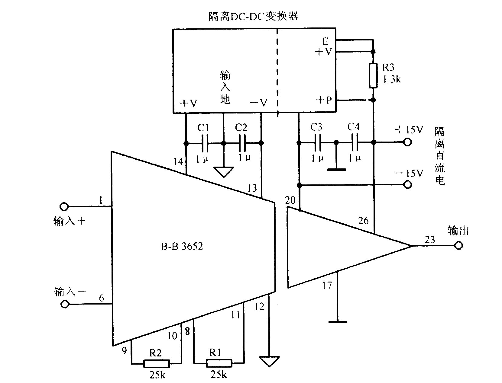 《由隔离放大器Burr-Brown3652组成的电路》相关图片 由隔离放大器Burr-Brown3652组成的电路