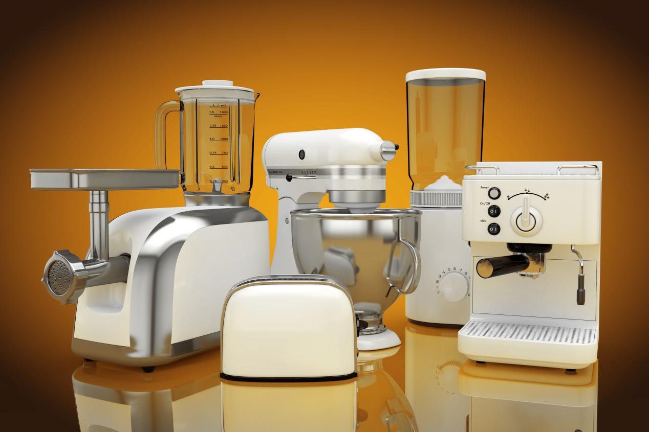 kitchen-appliances-set-white-blender-toaster-coffee-machine-meat-ginder-food-mixer-coffee-grinder-orange-background-3d-rendering