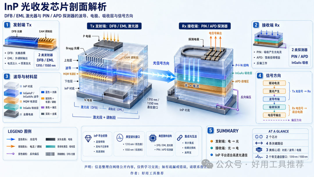 DFB 或 EML 激光器芯片與 PIN 或 APD 探測器芯片并排剖面，標出波導、電極、吸收層、信號方向