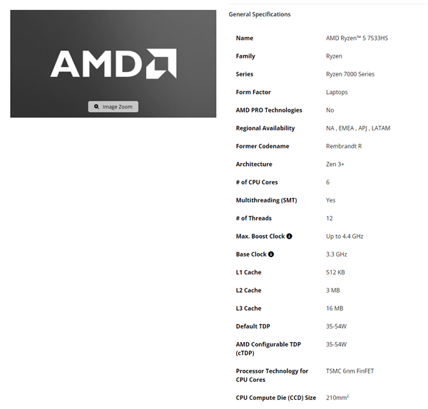 Zen3+突然出现！AMD低调发布锐龙5 7533HS：第一款3字尾型号