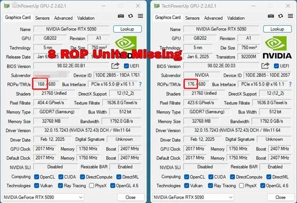 RTX 5090诡异一幕！莫名其妙丢了8个ROP光栅单元 性能损失最多10％