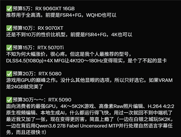 AMD、NV游戲顯卡推薦：2000元內不用看 RTX 50仍是高端必選