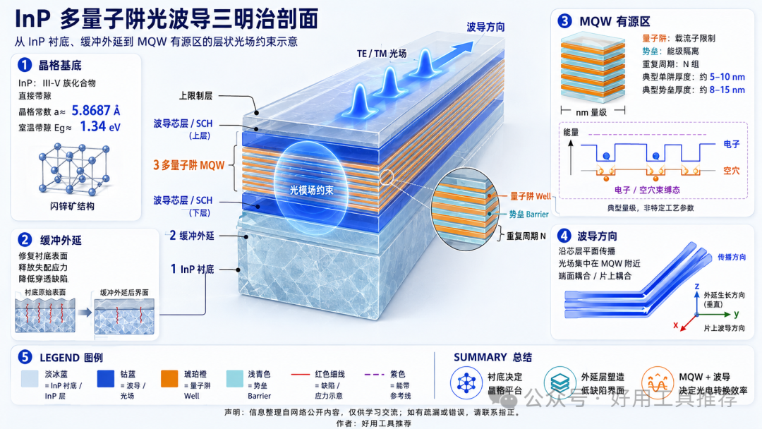 InP 襯底到多量子阱的三明治剖面，標出襯底、緩沖外延、量子阱、波導方向