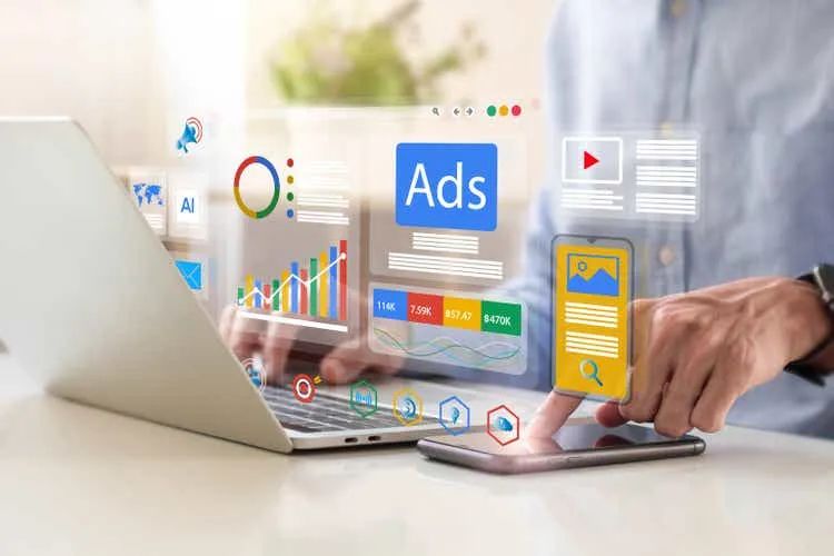 Digital marketing concept, Businessman using laptop with Ads dashboard digital marketing strategy analysis for branding. online advertisement, ad on website and social media. SEO. SMM.