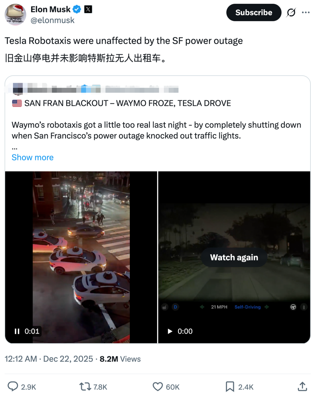 硅谷停电干崩谷歌Robotaxi，马斯克贴脸热嘲：特斯拉就没事-电子工程专辑