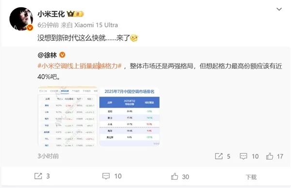小米7月空調線上銷量超越格力 王化：沒想到新時代這么快就來了