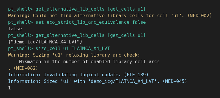 放行前后對(duì)比：get_alternative_lib_cells 從空到列出 X4，size 成功并給出 NED-082