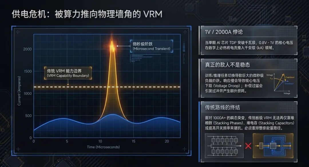 圖片來源：SysPro / AI Silicon Power Blueprint | 1V / 2000A 負載階躍把傳統 VRM 推向響應帶寬與輸出電容邊界