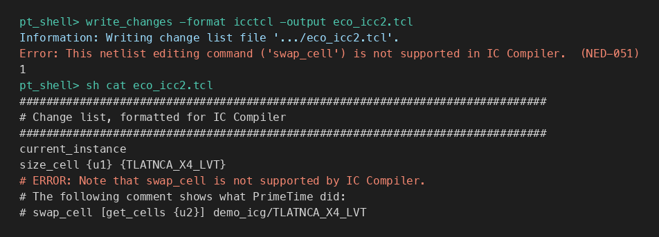 write_changes 當(dāng)場(chǎng)報(bào) NED-051，icctcl 文件里 swap_cell 只剩注釋