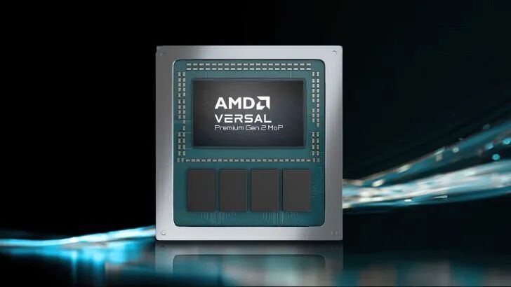 圖中展示了 AMD Versal Premium Gen 2 MoP 芯片的特寫視圖，突出了其設(shè)計和品牌標(biāo)識。