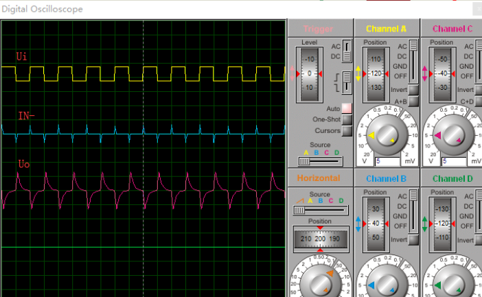 图16:微分运算仿真电路波形如图17,图18为积分运算电路的充放电过程