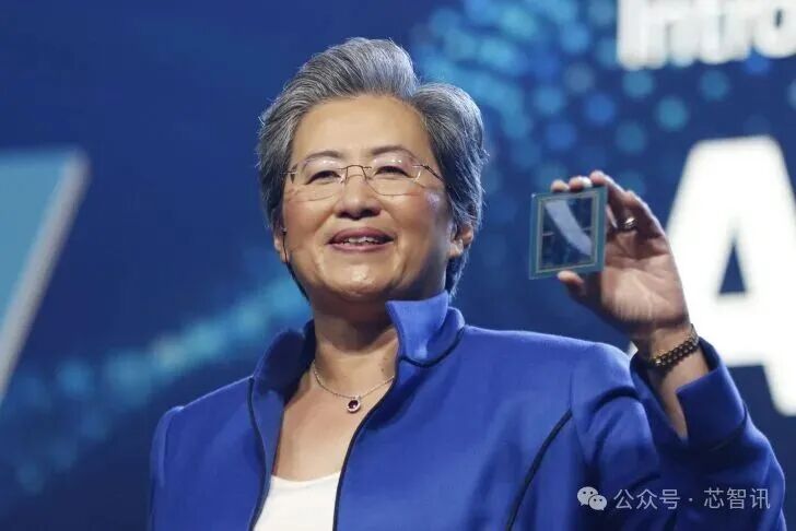 臺上有人拿著一塊芯片,上面部分文字為AMD。