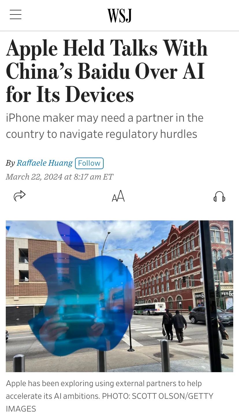 消息称苹果在中国与百度就iOS18生成式AI合作进行谈判-电子工程专辑