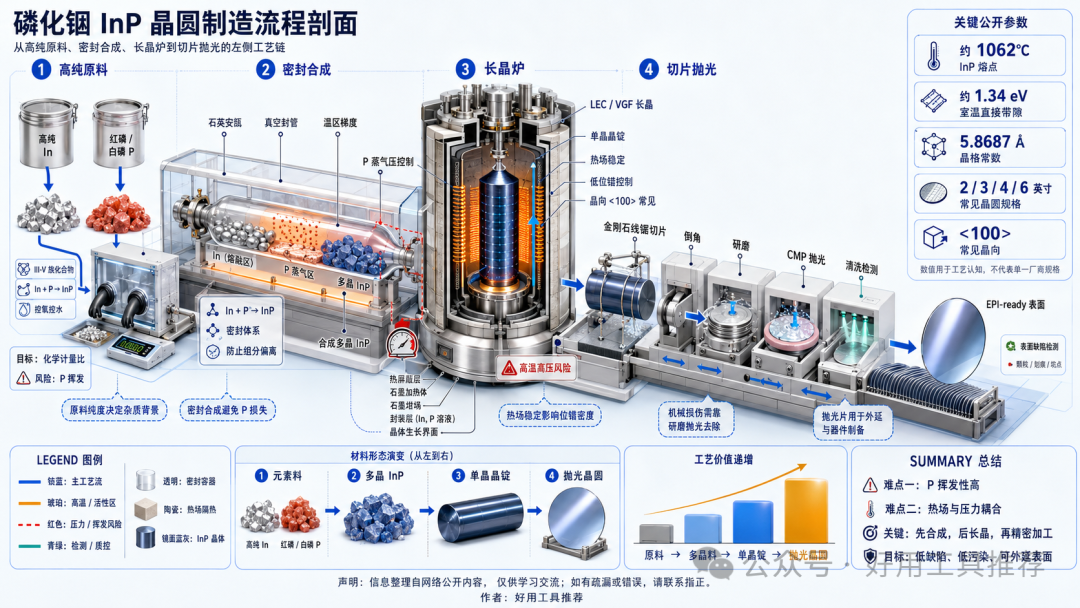 原料到單晶晶錠再到拋光晶圓的左側流程剖面，突出密封合成、長晶爐、切片拋光