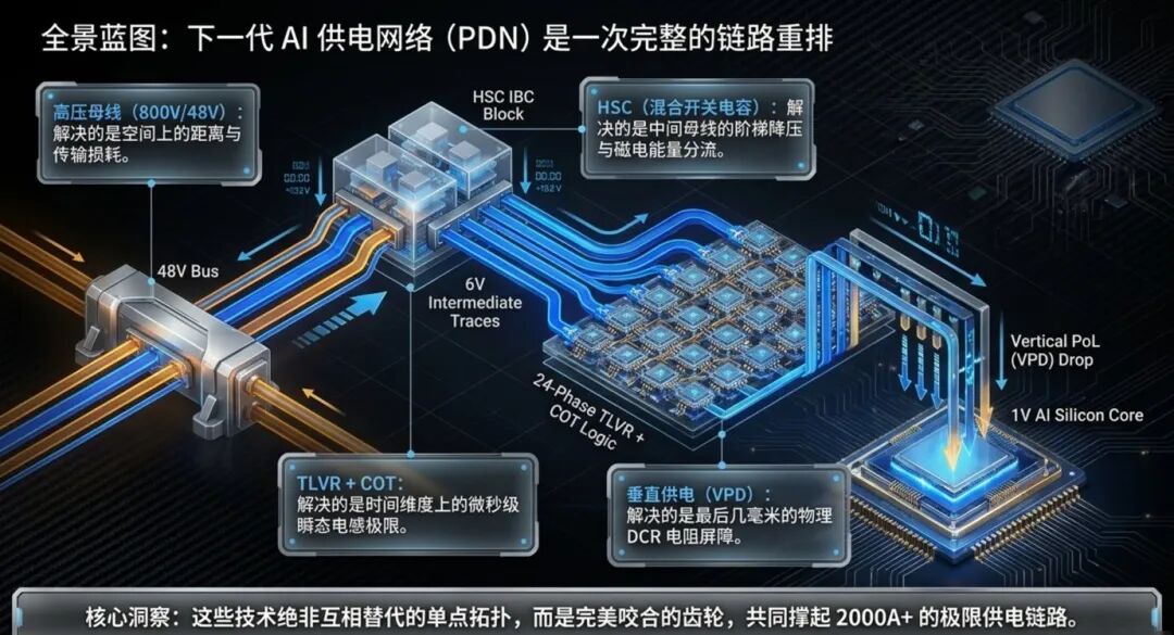 圖片來源：SysPro / AI Silicon Power Blueprint | 48V 輸入、IBC 中間母線、TLVR/COT 與垂直供電組成的下一代 AI 供電網絡全景
