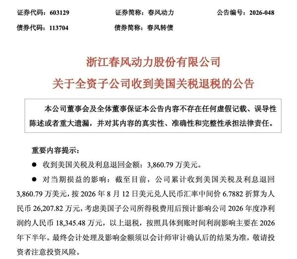 吃進(jìn)去的真能吐出來！春風(fēng)動力收到美國政府2.62億元退稅