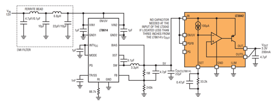 LT3042 后置調(diào)節(jié) LT8614 Silent Switcher 穩(wěn)壓器