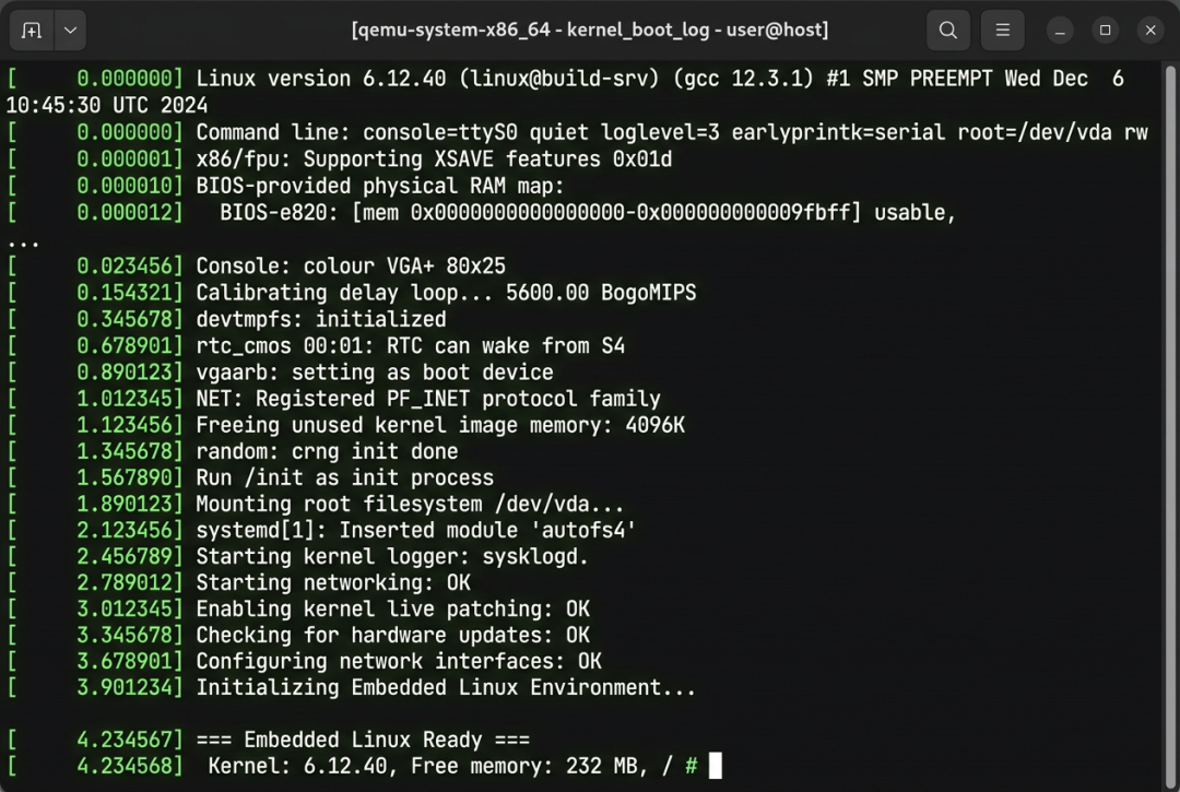 QEMU 啟動到 Ready：內核日志 + Busybox shell prompt