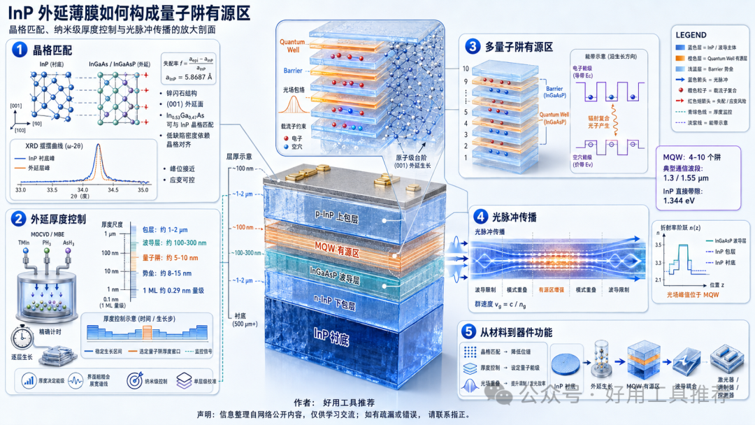 外延薄膜和量子阱有源區的放大剖面，標出晶格匹配、外延厚度控制、光脈沖傳播